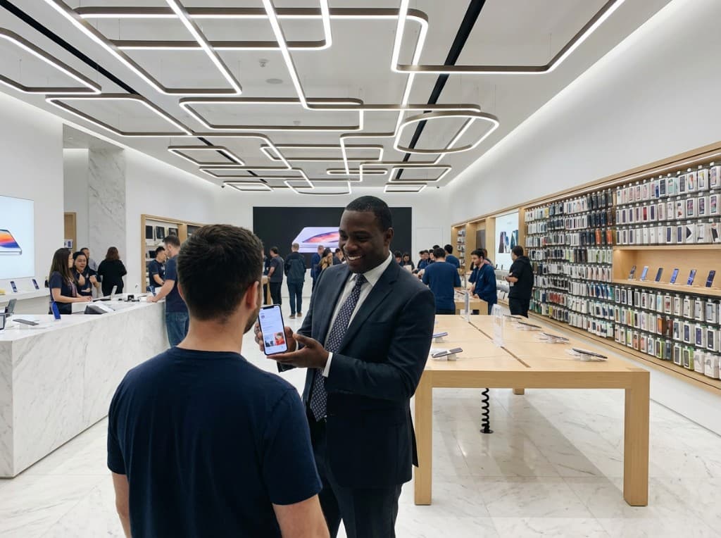 Conseiller E-GO en magasin présentant un smartphone à un client