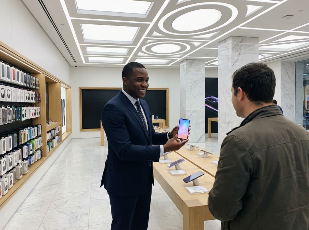 Conseiller E-GO présentant un smartphone à un client